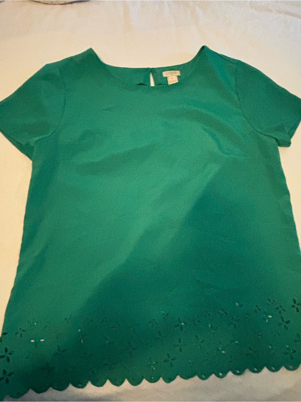 J. Crew Teal Short-Sleeve Top with Scalloped Laser-Cut Hem